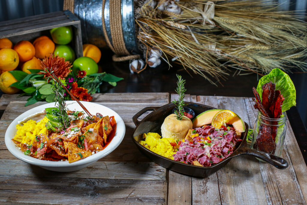 Hearty meatloaf sandwich at Hash House A Go Go with crispy fries and a Bloody Mary