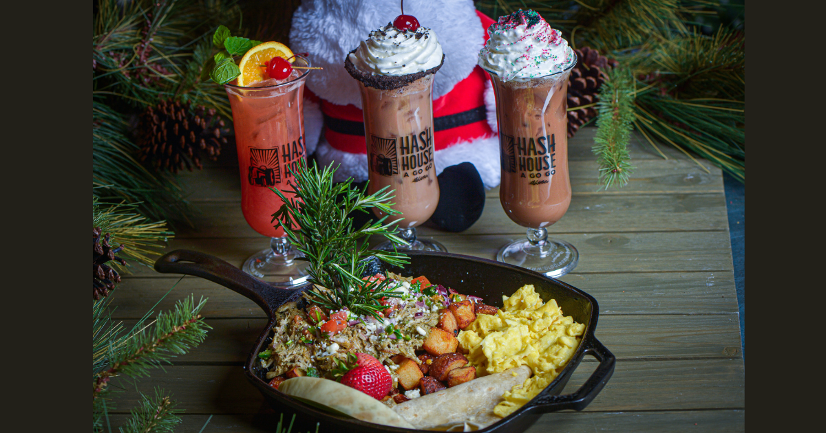 Christmas 2025 holiday menu dishes and cocktails at Hash House A Go Go Flamingo Crossings near Disney World in Orlando Florida