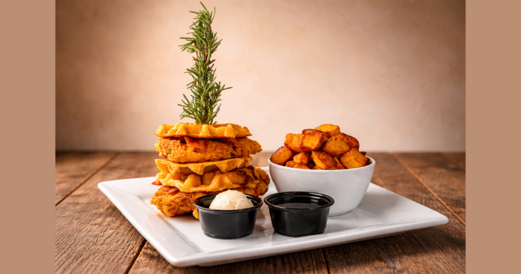 Chicken and waffle sandwich stack with crispy potatoes a seasonal menu item at Hash House Flamingo Crossings brunch winter garden