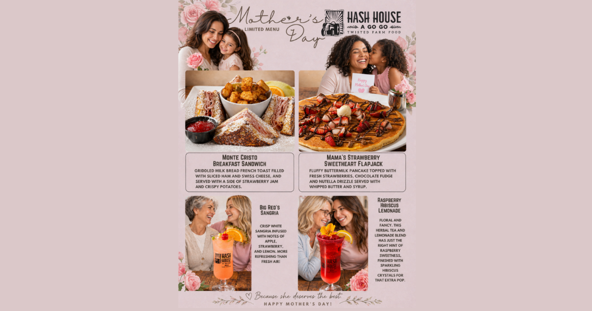 Mother’s Day limited menu at Hash House A Go Go Flamingo Crossings featuring Monte Cristo Breakfast Sandwich, Mama’s Strawberry Sweetheart Flapjack, Big Red’s Sangria, and Raspberry Hibiscus Lemonade for brunch in Winter Garden.