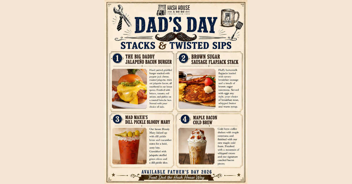 Father’s Day menu graphic for Hash House A Go Go Flamingo featuring bold brunch specials near Flamingo Crossings Town Center