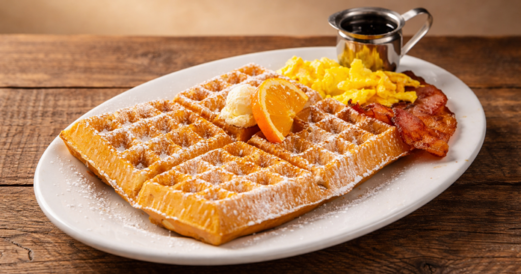 Golden waffles with scrambled eggs, bacon, butter, syrup and orange garnish at Hash House A Go Go Flamingo Crossings