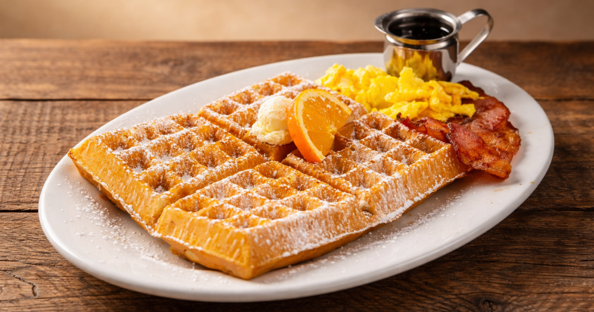 Golden waffles with scrambled eggs, bacon, butter, syrup and orange garnish at Hash House A Go Go Flamingo Crossings