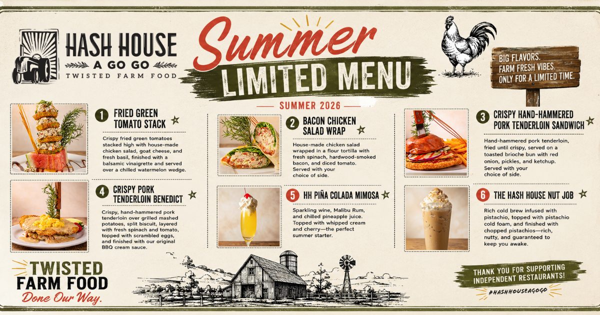 Hash House A Go Go Summer 2026 Limited Menu featuring seasonal breakfast, brunch, lunch and drinks at Flamingo Crossings in Winter Garden